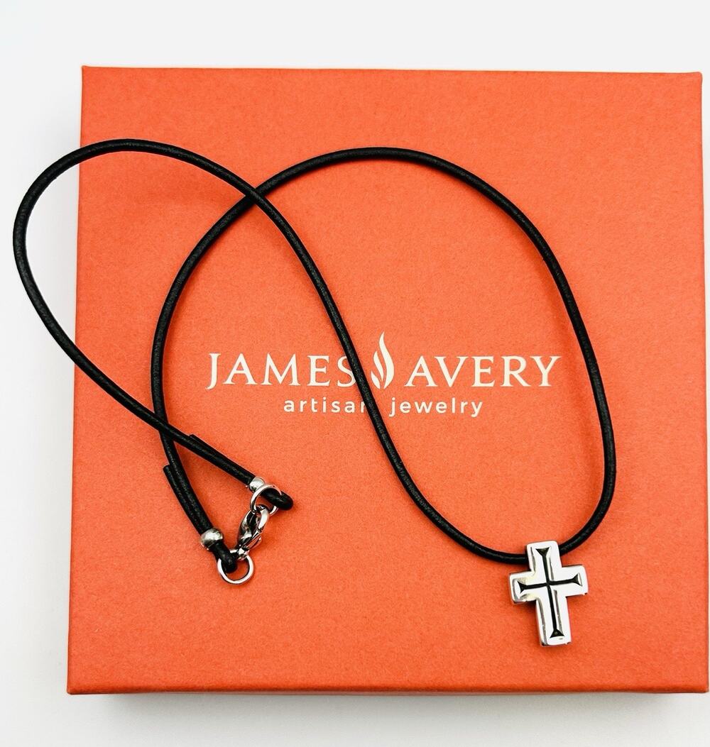 James Avery Retired Silver Cuneiform Thick Cross Pendant w Leather Cord Necklace